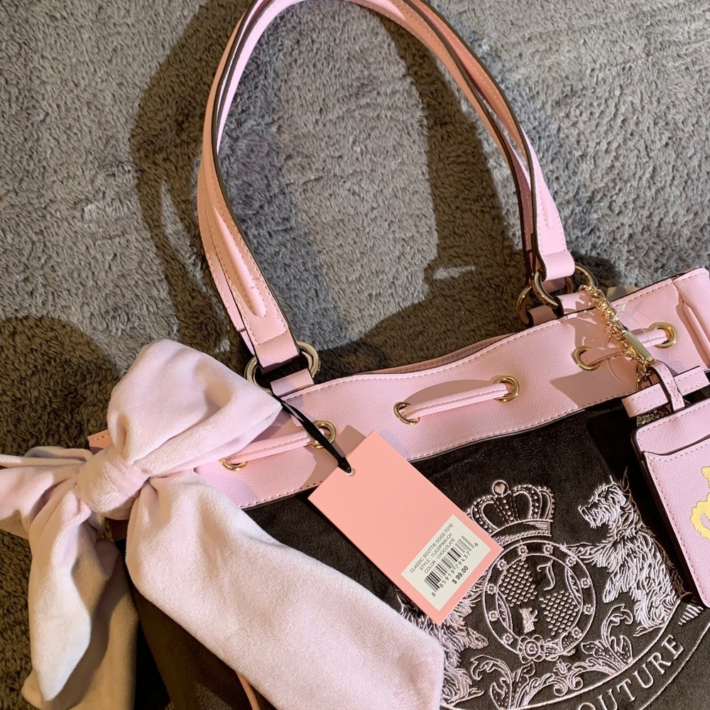 Juicy Couture Classic Y2K Tote Chocolate Pink Velour Bow Bag NEW - Picture 5 of 12